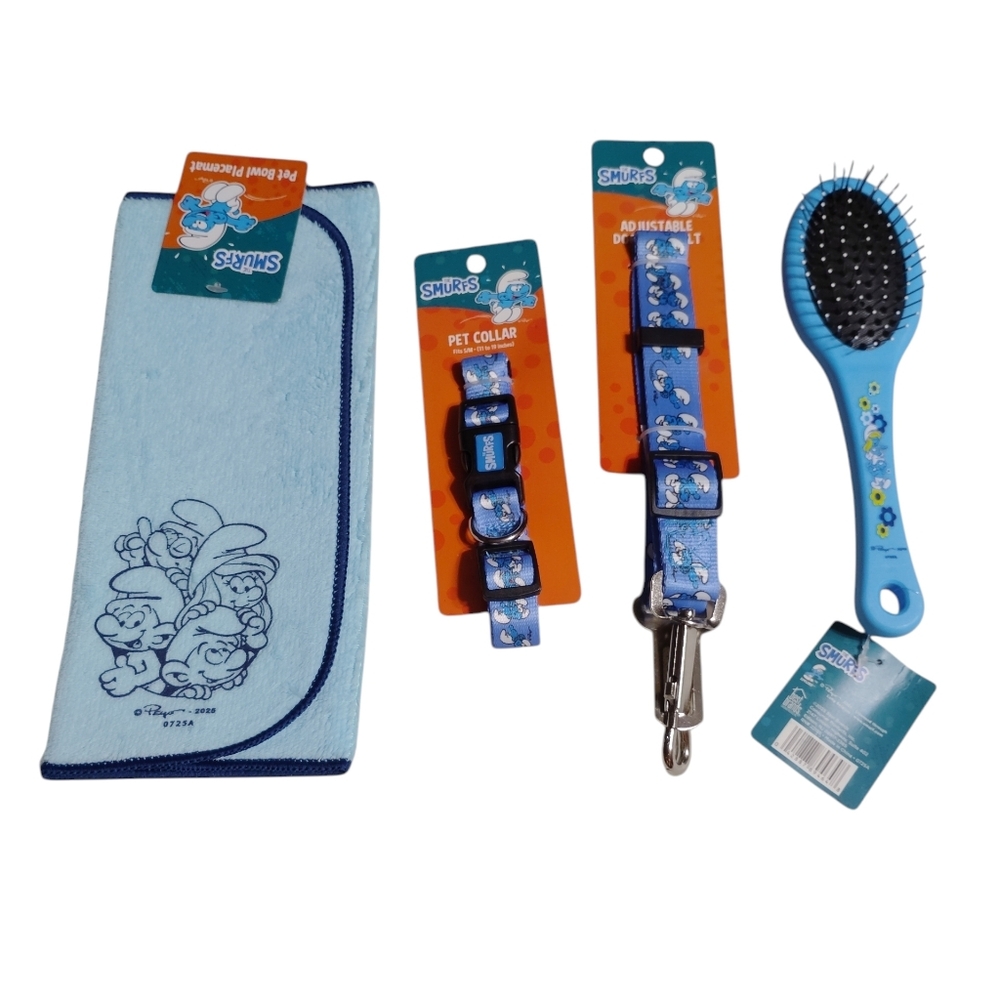 Smurfs-themed pet grooming and accessories.